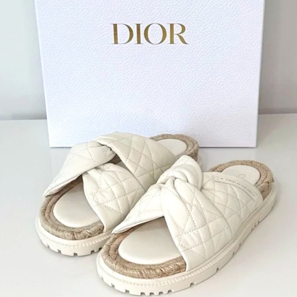 Christian Dior Dtwist Off White Cannage Quilted Lambskin Sandals
